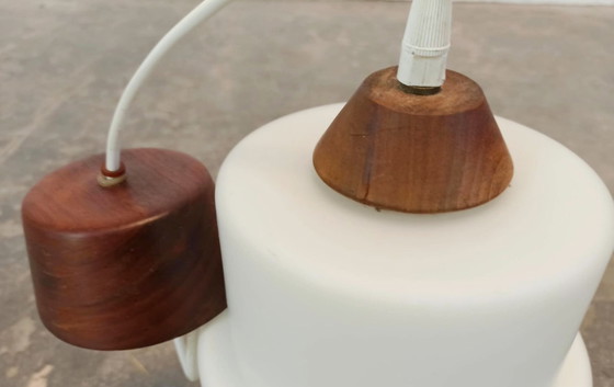 Vintage opaline glass and wood pendant lamp, Brown (photo 5 of 14)