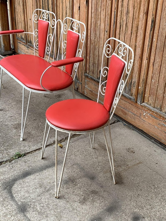 White Metal & Red Leatherette Garden Set, 1968, Set of 4, Mid Century Modern (photo 6 of 9)