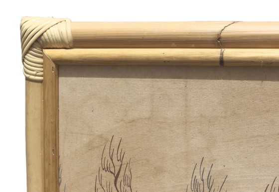 Artiste Inconnu - Tigre dans Cadre en Bambou – Art Décoratif Exotique – Style Années 70 – Peintures et dessins (photo 6 of 6)