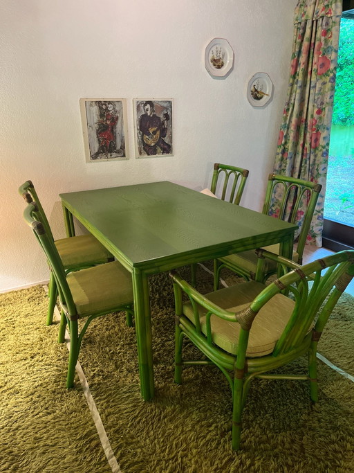 Ensemble de salle à manger vintage en bambou des années 70 | Table + 6 chaises | Attribué à Hans Kaufeld / McGuire