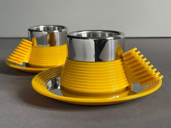 Image 1 of Service à café expresso Carlo Giannini des années 1970, modèle "Star Trek Enterprise". Acier inoxydable et polyamide jaune. Rare