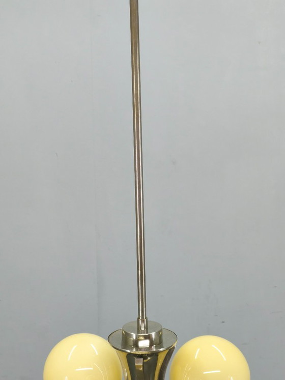Image 1 of Art Deco Chrome and Opaline Glass Chandelier, 1930s
