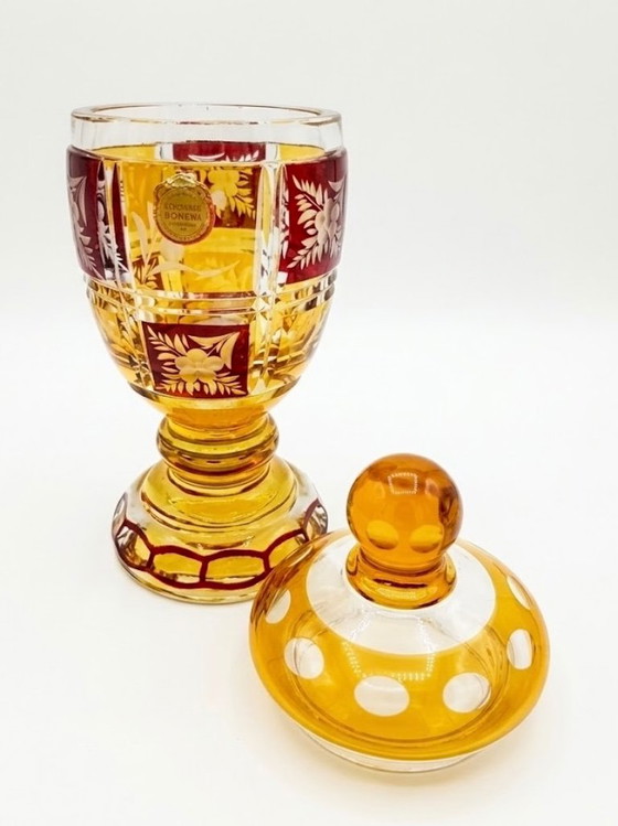 Vaso con coperchio Veritable Boheme in vetro ambra e rosso, Oggetti decorativi, Vintage (foto 3 di 7)