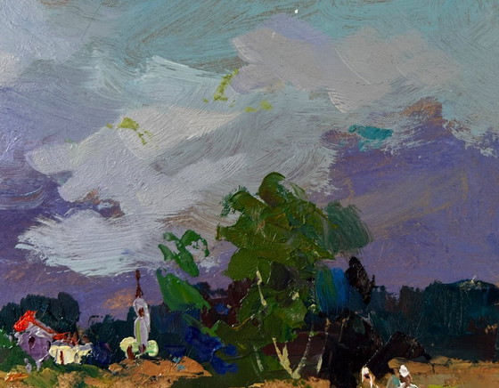Image 1 of Original Oil Painting Summer Field Landscape Quiet Village In The Endless Expanses