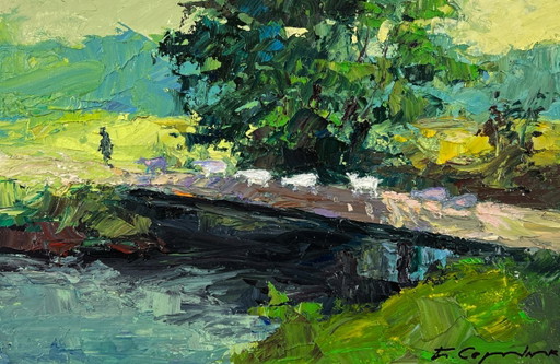 Pintura al óleo original Paisaje natural Verano Campo Río Puente Alrededores del pueblo