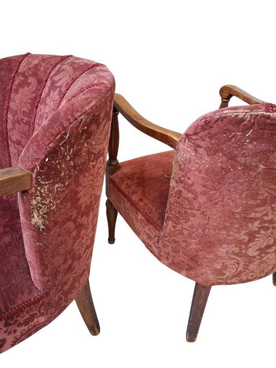 Image 1 of Élégante paire de fauteuils vintage en chêne et velours damassé des années 1960