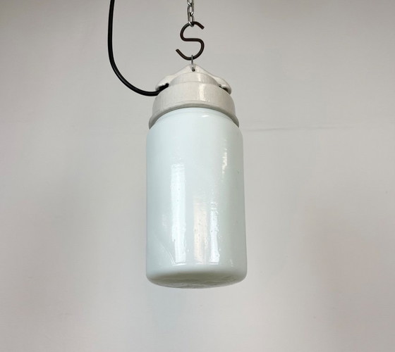 Image 1 of Industrial White Porcelain Pendant Light with Milk Glass, 1970s