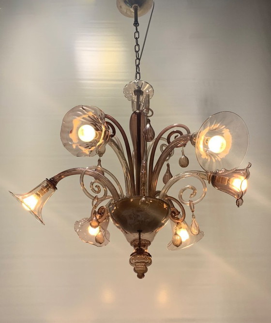 Image 1 of Vintage Murano kroonluchter toegeschreven aan Venini, zeldzame paarse kleur, 1930, Italië