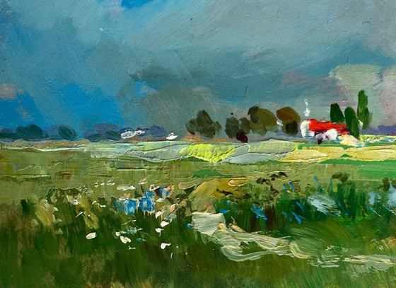 Image 1 of Origineel olieverfschilderij: Zomerlandschap, wandeling door de weilanden.
