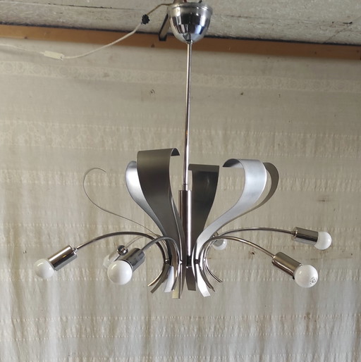 Lustre 6 feux Space-Age en métal chromé et brossé - années 70