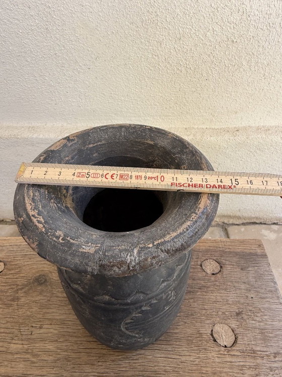 Image 1 of Set of 3 Nepalese Indian pots, carved black wood, tribal & wabi-sabi style