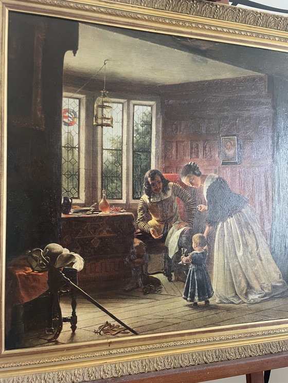 Image 1 of Tableau ancien encadré – The First Step – reproduction entoilée – cadre doré – style classique – art victorien – 76x83 cm