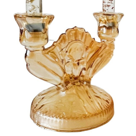 Image 1 of Vintage pair of Jeanette Carnival glass peach candlesticks art deco 1930s