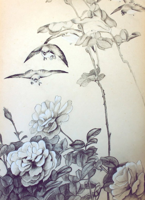 Image 1 of Vintage Japanese-inspired drawing. Vintage drawing. Drawing of flowers and birds. Japanese drawing. Antique drawing.