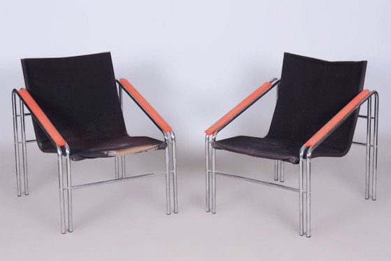 Originele 20e-eeuwse zitset met tafel, chroom, glas, Slowakije, jaren 70 – Stoelen / fauteuils, Textile (photo 12 of 14)