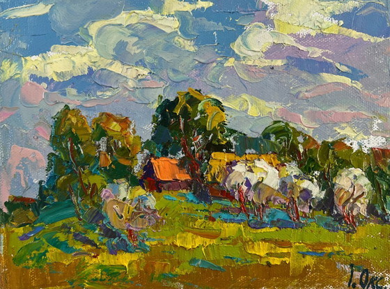 Image 1 of Original Oil Painting Summer Village Landscape Clouds drifting in the sky