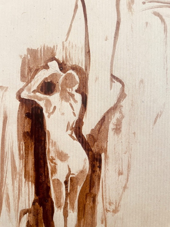 Image 1 of Painting with 2 preparatory sketches, female portrait "coming out of the bath"