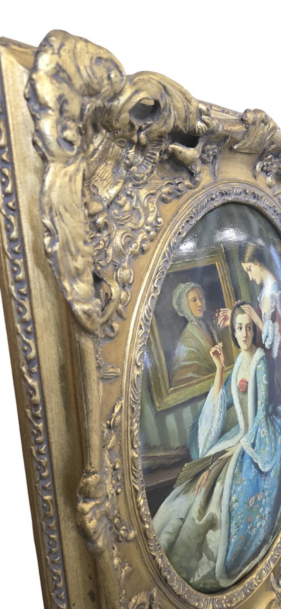 Image 1 of Pair of Oils on Canvas of the 18th Century Romantic Scenes Signed