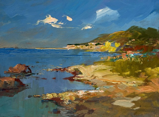 Image 1 of Origineel olieverfschilderij: Zeekustlandschap, de stille adem van de zee.