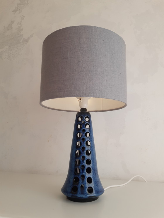 Image 1 of Beautiful Table Lamp With Blue Vintage Lamp Base By Michael Andersen, Scandinavian Design And Handmade Gray Blue Lampshade