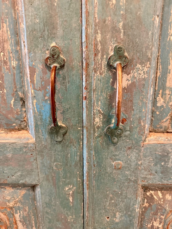 Image 1 of Vintage blauwe handgemaakte Indiase kast