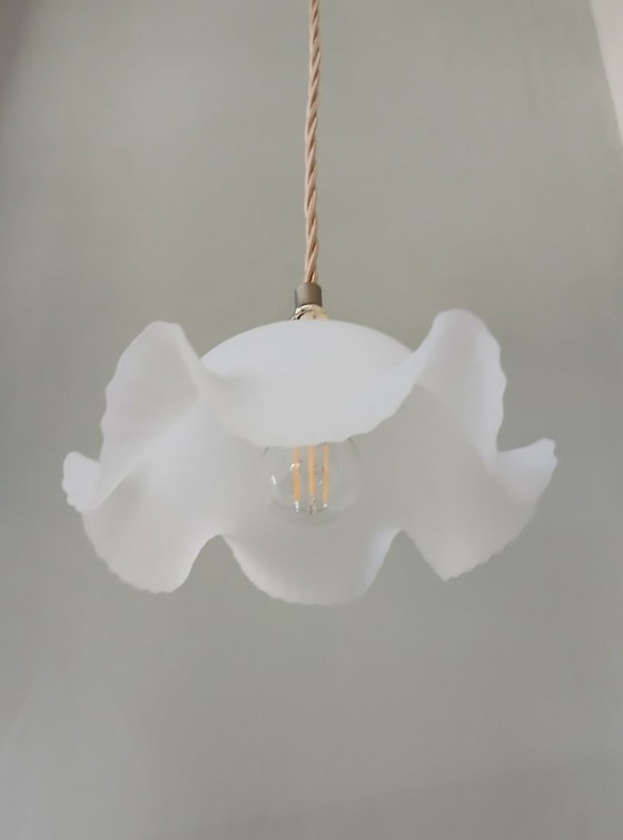 Image 1 of Vintage frosted glass pendant lamp. Floral, wavy shape.