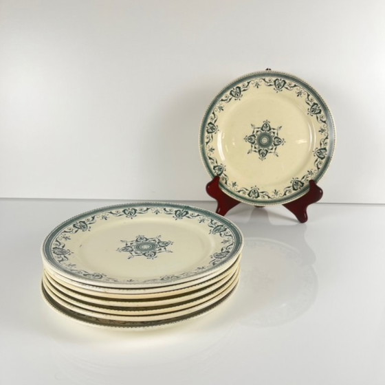 Image 1 of Set van 8 "Admiral" dessertborden van ijzersteen, Creil & Montereau, groenblauw, eind 19e eeuw