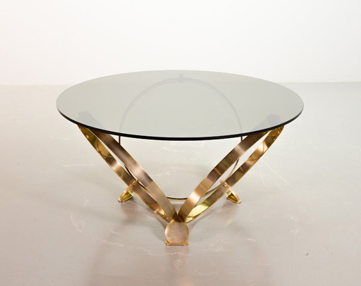 Mid-Century Design Knut Hesterberg Round Brass Coffee Table with Smoked Glass Top for Ronald Schmitt. Germany, 1970s. 