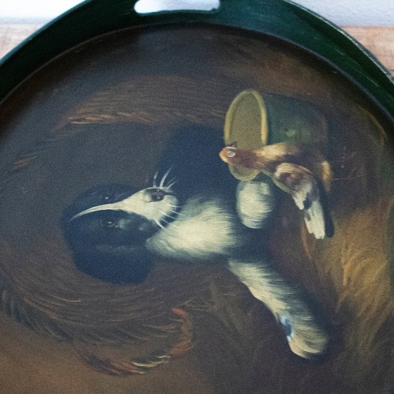Image 1 of Vintage handbeschilderd houten dienblad met hond en duif