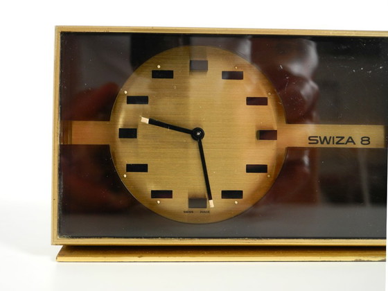 Beautiful, Small, And Rare Original Mechanical Swiza 8 Table Clock In Brass With An 8-Day Movement (photo 12 of 15)