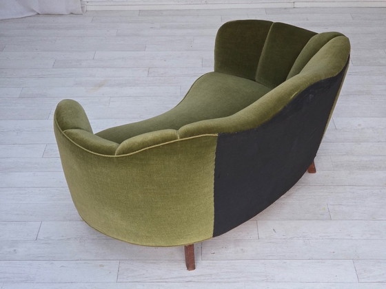 Image 1 of 1960s, Danish Curved 2-Seater Sofa, Green Furniture Velour, Oak Wood Legs
