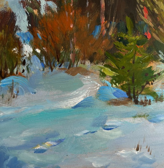 Image 1 of Original Oil Painting Snowy Trees Landscape Path in the winter forest