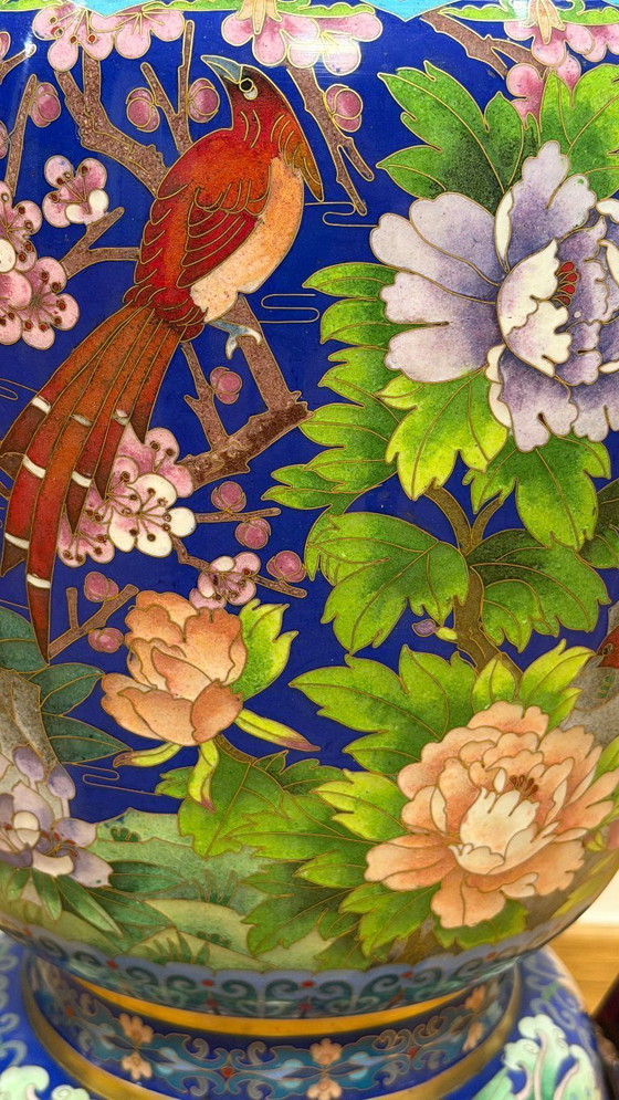 Image 1 of Monumental Chinese Cloisonné Vase - 84 cm With Base - Jingtai Blue Enamel - Impeccable