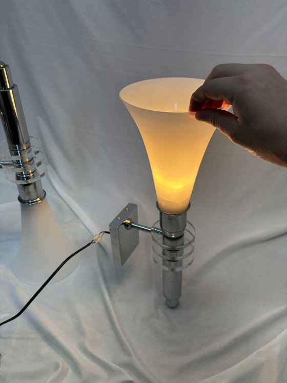 Image 1 of Set van 2 Vintage Art Deco Wandlampen Chroom & Glas Jaren 80