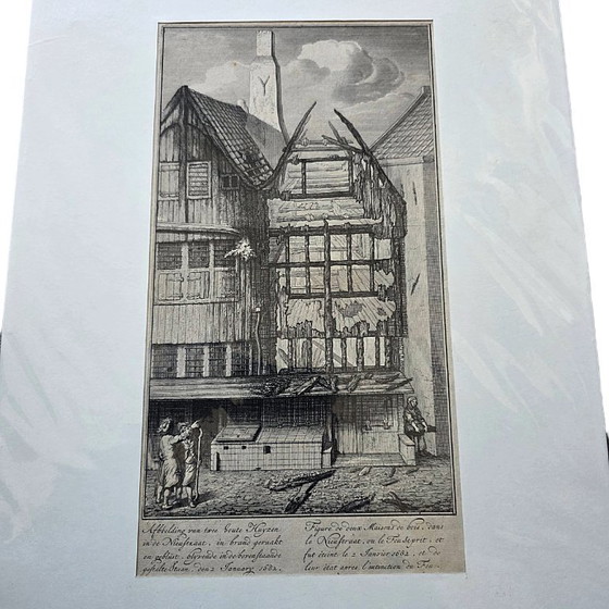 Image 1 of Jan van der Heyden etching Oude Nieuwstraat Amsterdam, 17th century
