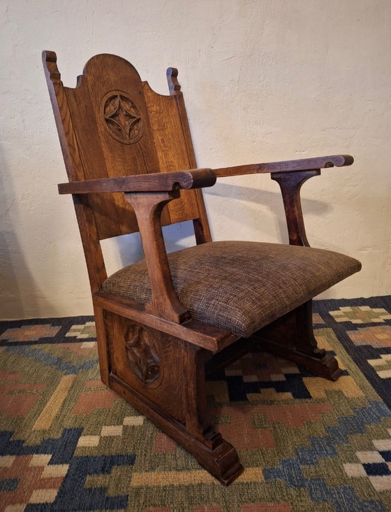 Image 1 of Sillón antiguo de roble tallado, Arts and Crafts, 1910