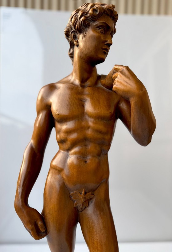 Michelangelo David Sculture in Legno Intagliate a Mano 65 cm Statua Vintage Foglia di Fico (photo 5 of 23)