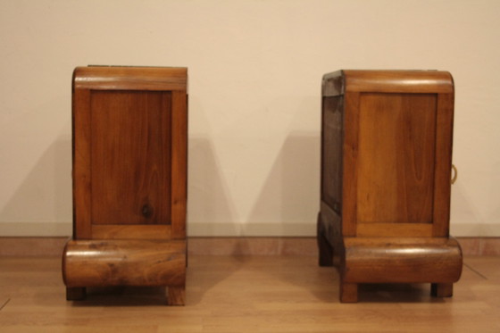 Image 1 of Pair of Art Deco Walnut Bedside Tables, 1950s Mid Century Modern, Italy