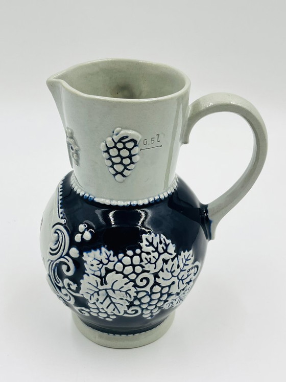 Marzi & Remy Stoneware Wine Pitcher "Le vin dissipe la tristesse", Glass & Decanter, Ceramic, Blue (photo 4 of 8)