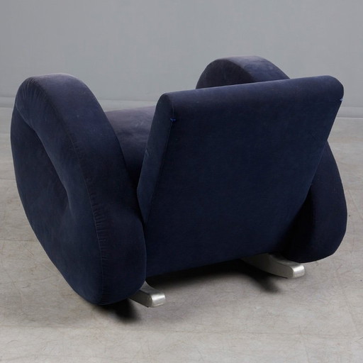 Bretz (Germany) — Rocking Chair / Armchair — Blue Velvet Upholstery — 1980s — Statement Lounge Icon