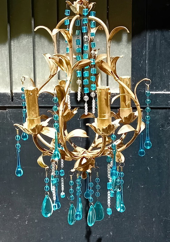 Image 1 of Lustre vintage en or et turquoise.