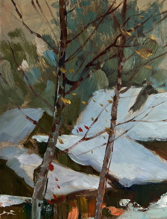 Image 1 of Original Oil Painting Snow Village Landscape Home on a winter evening