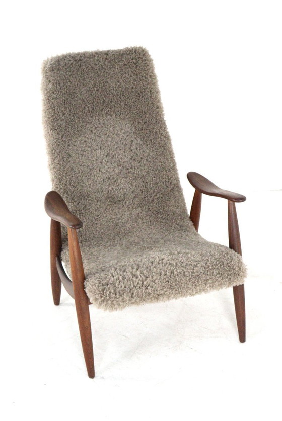 Image 1 of Fauteuil vintage rembourré en tissu poilu, style milieu du siècle