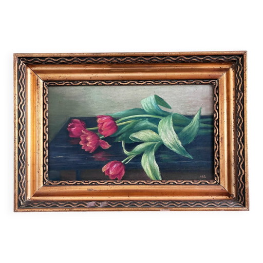 Peinture à l'huile originale vintage représentant des tulipes, nature morte.