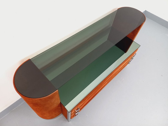 Image 1 of Coiffeuse vintage design italien en velours suédine, chrome, verre fumé et miroir des années 70 80