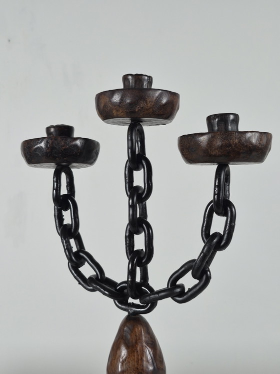 Candeliere vintage in stile brutalista spagnolo a tre fiamme con decorazione a catena. – Portacandele, Metal (photo 3 of 13)