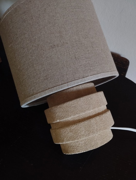 Image 1 of Piccola lampada da comodino vintage degli anni '70 in gres chamotte e paralume in juta.