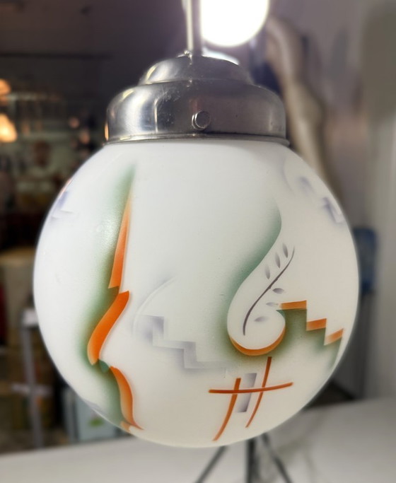 Image 1 of Art-Deco-Pendelleuchte aus Buntglas
