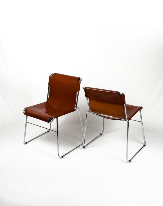 Image 1 of 4x vintage modernistische Italiaanse buisvormige chromen en leren stoelen, jaren 70