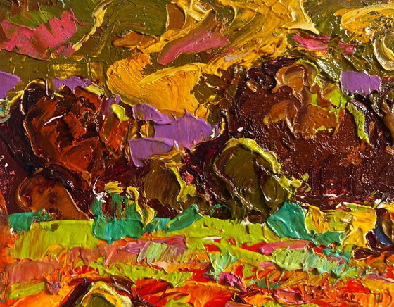 Image 1 of Original Oil Painting Autumn Field Landscape Golden haystacks
